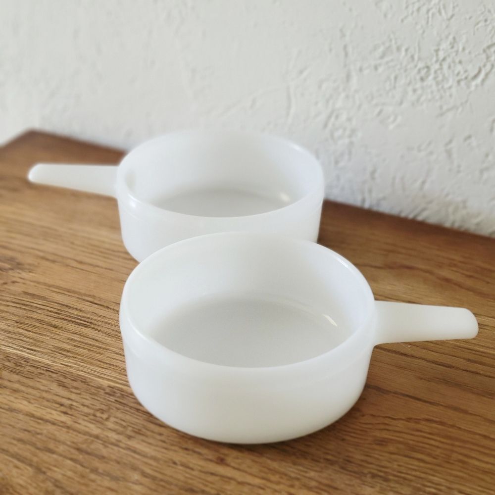 VINTAGE ✨️ Two Ovenware Milk Glass Stackable Bowls with Handles